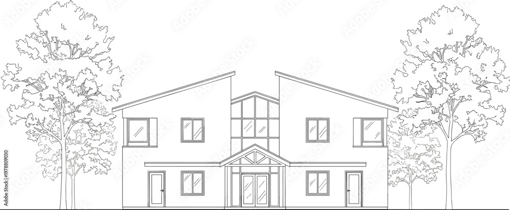 Obraz premium Architectural Front Elevation Drawing of a Two-Story Residential House with Trees for Real Estate and Home Design Illustrations