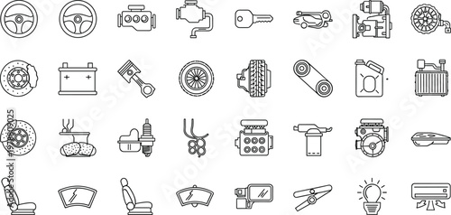 Automotive Parts and Car Components Icon Set Featuring Steering Wheel, Engine, Battery, Tires, and Interior for Car Maintenance and Repair Designs