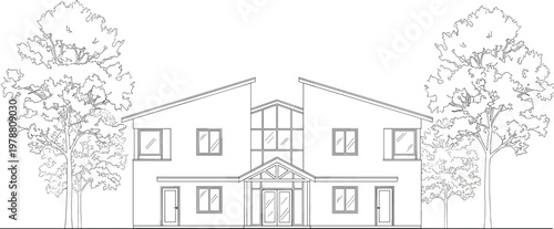 Architectural Front Elevation Drawing of a Two-Story Residential House with Trees for Real Estate and Home Design Illustrations