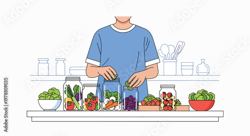 A person prepares food in a kitchen with various vegetables and bowls, emphasizing safety and healthy eating.
