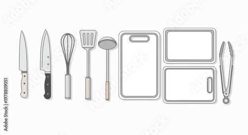 A flat lay of kitchen utensils and cutting boards on a white background, emphasizing food preparation and safety.