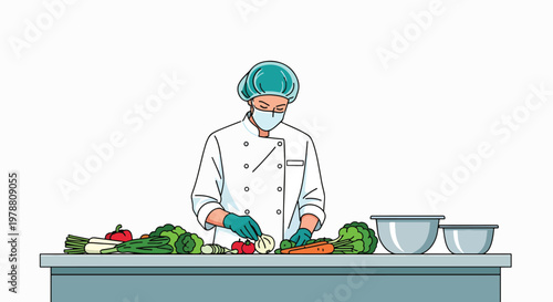 A chef in a white coat and blue hat prepares food with various vegetables on a kitchen counter emphasizing safety and healthy eating.