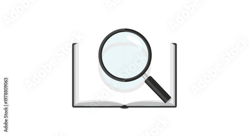 A sleek black magnifying glass rests directly over the center of a wide open book with clean white pages against a pristine and minimalist background.