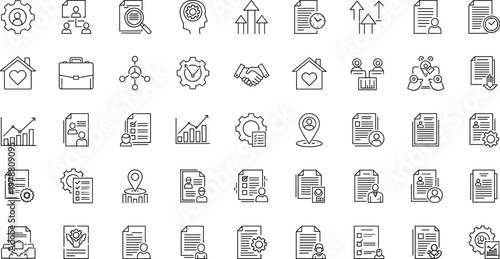 Business Growth, Teamwork, and Document Management Icon Set Featuring Charts, People, Gears, and Collaboration Symbols for Corporate and Professional Designs