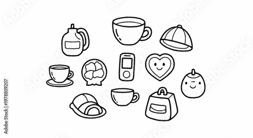 Collection of cute doodle icons for food and drink.
