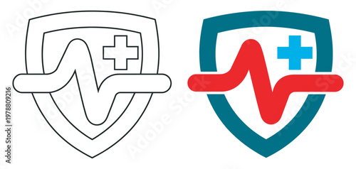 Healthcare shield icon set, medical protection symbols with vital signs, heart rate pulse elements, outline and solid styles, clean vector design
