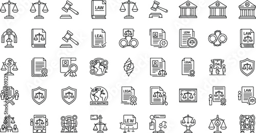 Law and Legal Icon Set Featuring Scales of Justice, Gavel, Legal Documents, Court, and Legal Protection Symbols for Judicial and Legal Designs