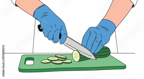 Hands wearing blue gloves cutting sliced potatoes on a green cutting board emphasizing food safety in a kitchen setting.