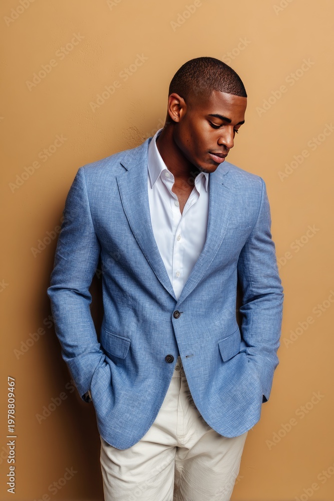 Obraz premium Confident Man in Light Blue Blazer Posing Against Tan Background in Modern Fashion