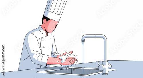 A chef in a white uniform washes his hands under a running faucet in a kitchen sink emphasizing food safety.