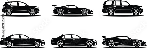 Car Silhouette Icon Set Featuring SUV, Sports Car, Sedan, and Luxury Vehicles for Automotive and Transportation Designs