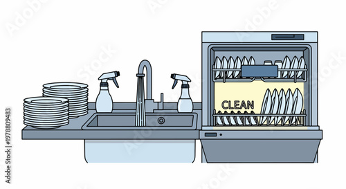 Illustration of a kitchen sink with cleaning supplies and a dishwasher filled with clean dishes emphasizing food safety.