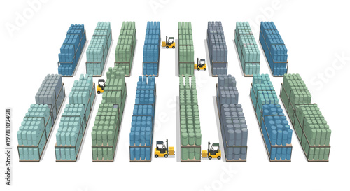 Multiple yellow forklifts navigate through a vast industrial warehouse filled with neatly stacked rows of colorful storage barrels on a clean white background.