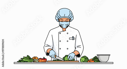 A chef in a white coat and blue hairnet prepares food safely, chopping vegetables on a clean countertop with a bowl nearby, emphasizing food safety and hygiene practices.