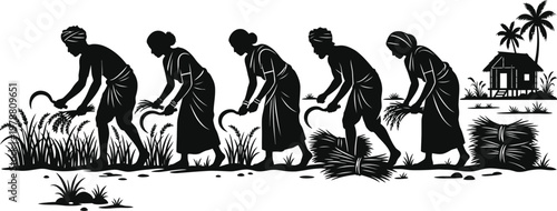 Silhouette of farmers harvesting rice with sickles near a hut and palm trees agriculture farming field