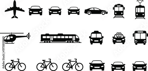 Transportation Vehicle Icon Set Featuring Airplanes, Cars, Bikes, Trains, and Taxis for Travel and Urban Design Illustrations