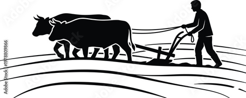 Silhouette of a farmer plowing a field with two oxen and a traditional plow Keywords: silhouette