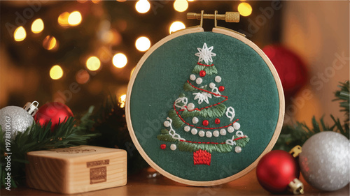 Embroidered Christmas tree decoration on green felt with festive ornaments and lights