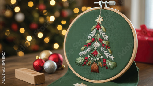 embroidered christmas tree on green fabric in wooden hoop with decorations