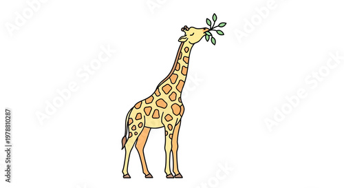Giraffe eating leafy green vegetation peacefully.