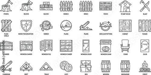 Woodworking and Carpentry Icon Set Featuring Tools, Wood Types, Furniture, and Structures for Home and Construction Designs