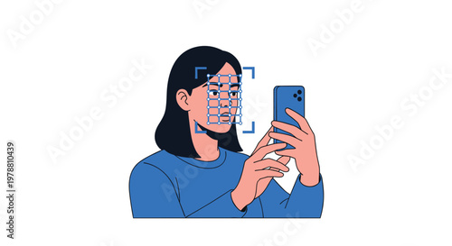 A focused woman wearing a vibrant blue sweater looks directly at her smartphone as a precise white dot-grid biometric scanning interface maps her face.