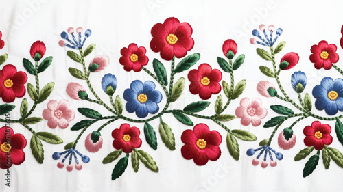 embroidered floral pattern with red blue and pink flowers on white fabric