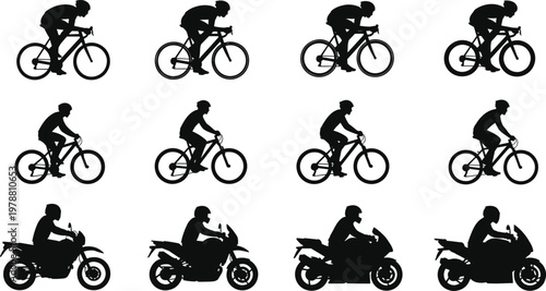 Bicycle and Motorcycle Rider Silhouettes Icon Set Featuring Different Riding Poses for Sports and Transportation Illustrations