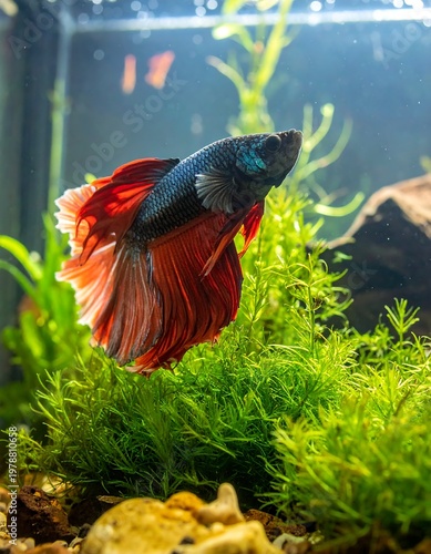 A vibrant Siamese fighting fish swims gracefully inside a glass tank, surrounded by aquatic plants and decorations