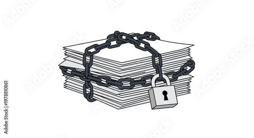 A large stack of white paper documents is tightly bound by heavy black metal chains and secured with a sturdy silver padlock for maximum protection.