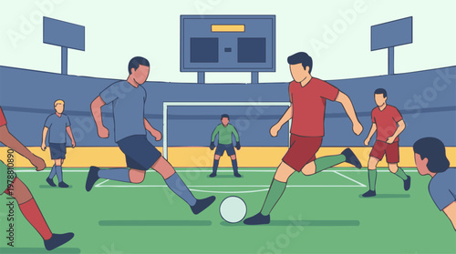 Fotografía Vector illustration of a soccer match with players on the field in a stadium