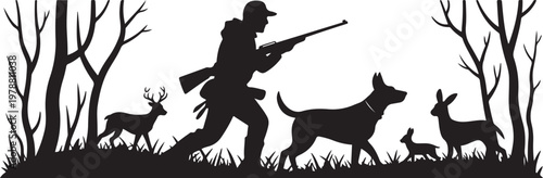 Hunter with dog hunting animals in the forest silhouette vector illustration with out background