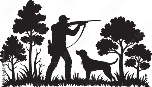 Hunter with dog hunting animals in the forest silhouette vector illustration with out background