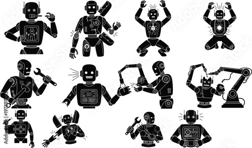 Robot Mechanism and Repair Vector Set Featuring Broken Robots, Robot Hands, Robot Arms, and Robotic Assembly Icons for Technology and Automation Designs