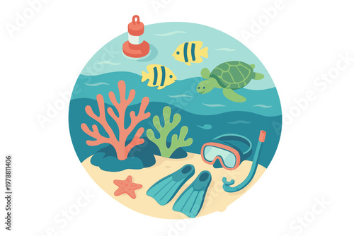 Underwater snorkeling adventure with sea turtle, tropical fish, and coral reef