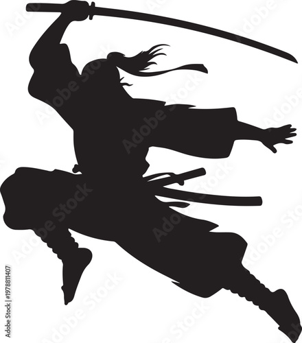 The black  of a samurai flying into battle in an epic leap, he prepares to deliver a crushing attack with his katana. silhouette vector illustration with out background