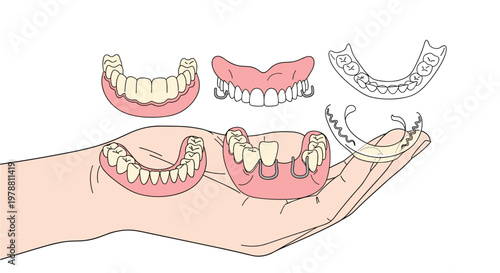 A wide variety of dental prosthetics including partial dentures and clear orthodontic retainers are displayed on an open palm against a plain white background.
