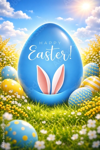 Joyful Easter egg celebration scene with Happy Easter text and bunny ears