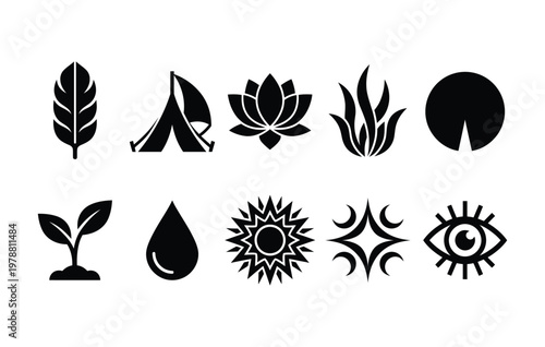 Collection of various black silhouettes icons on white background  leaf tent lotus grass moon plant drop sun star eye