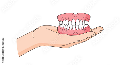A complete set of realistic upper and lower dentures with pink gums is presented on a human hand against a clean and minimalist bright white background.