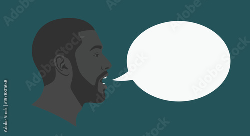 A minimalist depiction of a man speaking into a blank speech bubble against a teal background