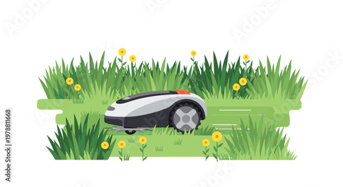 A high-performance robotic lawnmower efficiently trims a dense area of tall green grass and bright yellow wildflowers in a natural and wild outdoor setting.