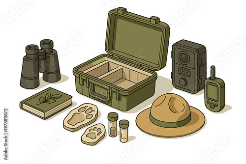 Wildlife research and park ranger equipment set including binoculars, trail camera, and field guide