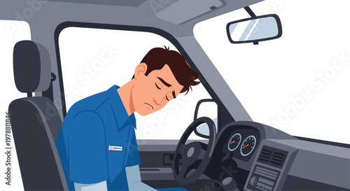 A weary delivery driver wearing a blue company uniform sits slumped and exhausted behind the steering wheel of his white van during a long and tiring workday.