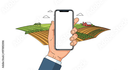 A professional hand wearing a blue suit sleeve holds a modern smartphone with a clean white screen over a colorful stylized agricultural farm landscape.