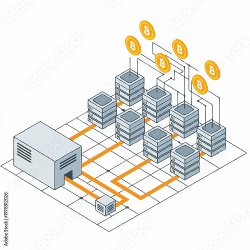 Digital currency mining farm with servers and bitcoin coins.