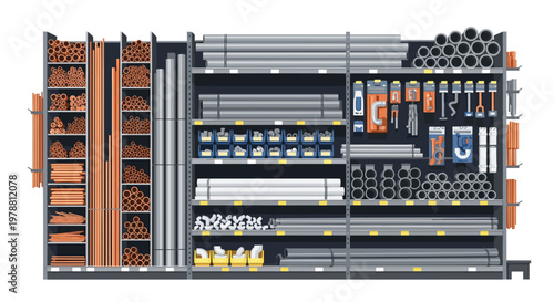 A meticulously organized hardware store display shelf features a vast assortment of copper pipes, silver tubes, and various plumbing fittings in a shop.