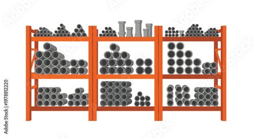 Three sturdy orange industrial storage racks are filled with various sizes of grey cylindrical pipes and plumbing components against a white background.