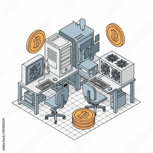 Bitcoin Mining Farm Setup with Computers and Coins.