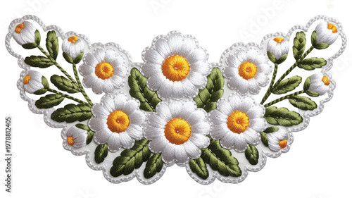 embroidered white flowers with green leaves on white background